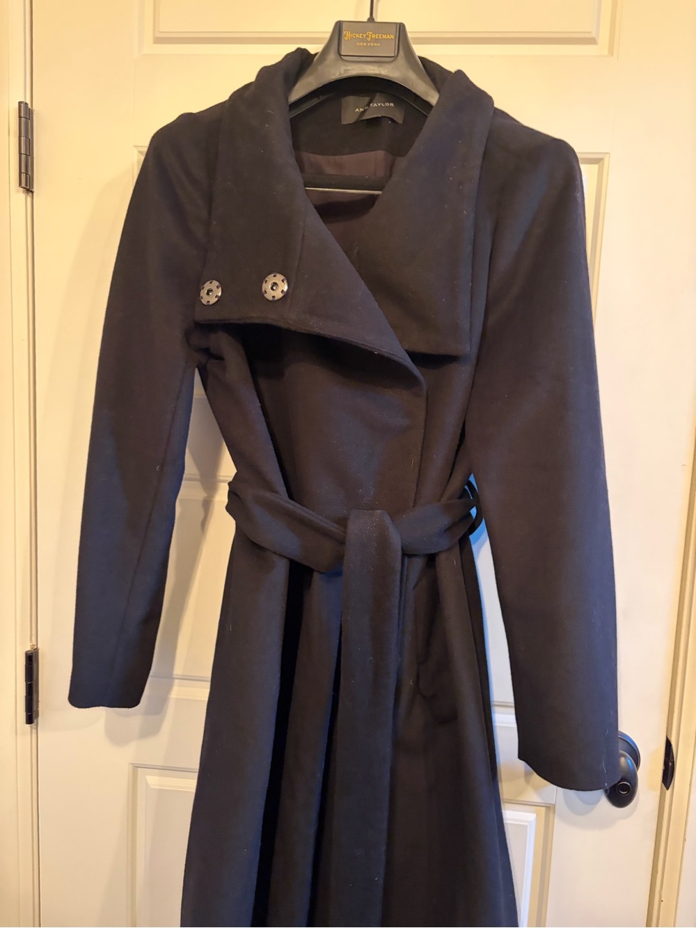 Ann Taylor Black Wool-Blend Belted Trench Coat with Asymmetrical Lapel